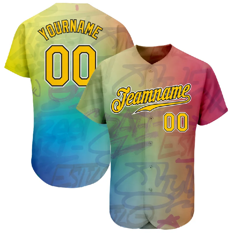 Custom Graffiti Pattern Gold-Black 3D Authentic Baseball Jersey