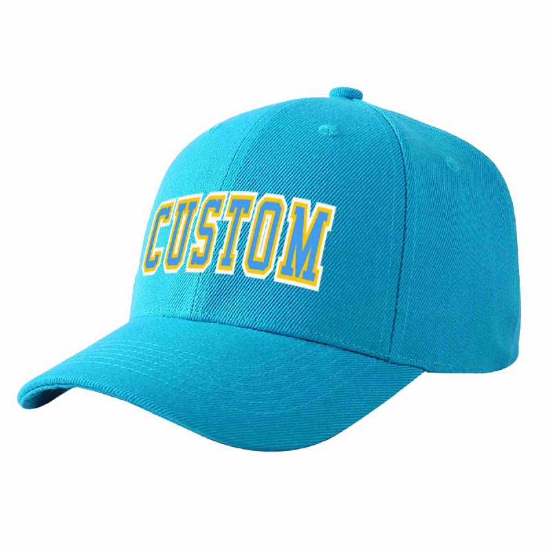 Custom Aqua Powder Blue-Gold Curved Eaves Sport Baseball Cap Design for Men/Women/Youth