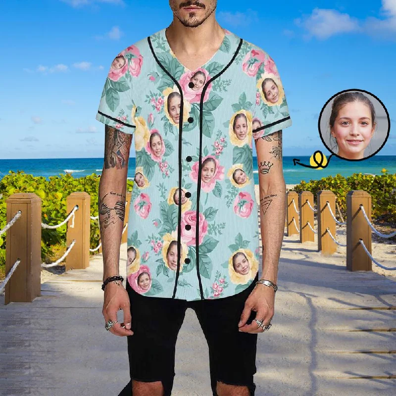 Custom Face Light Green Flower Men's All Over Print Baseball Jersey