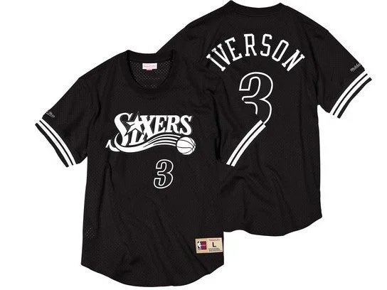 76ers 3 Allen Iverson Black Short Sleeve Mitchell & Ness Basketball Jersey