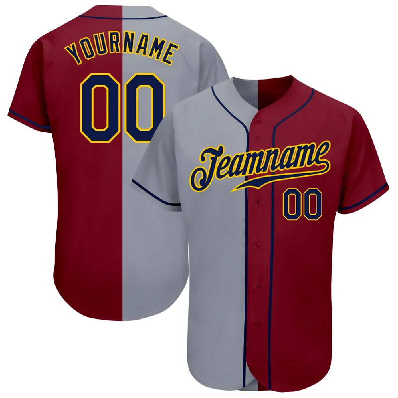 Custom Crimson Navy-Gray Authentic Split Fashion Baseball Jersey