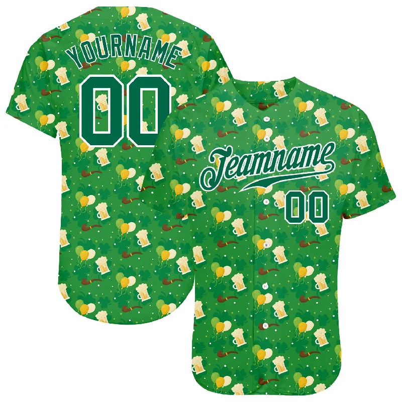 Custom Kelly Green Kelly Green-White 3D Pattern Design Authentic St. Patrick's Day Baseball Jersey