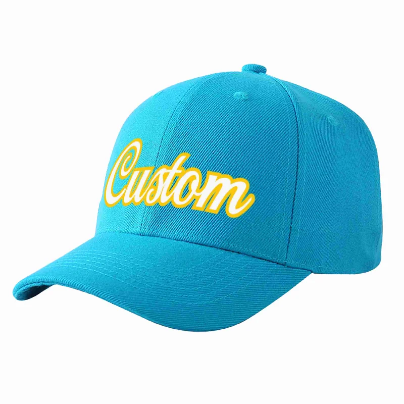 Custom Aqua White-Gold Curved Eaves Sport Baseball Cap Design for Men/Women/Youth