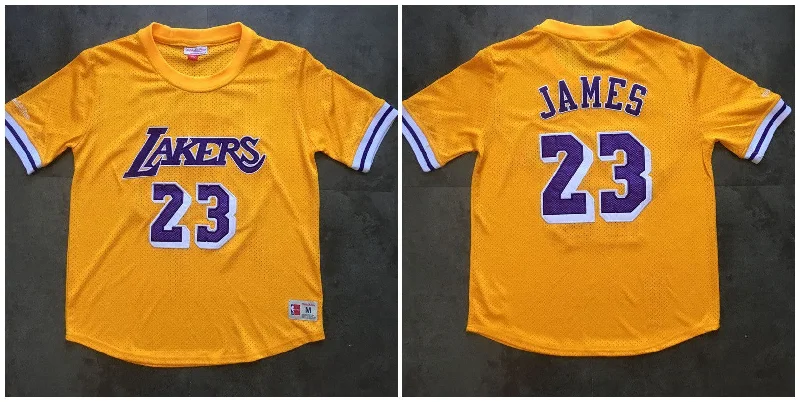 Lakers 23 Lebron James Yellow Short Sleeve Mitchell & Ness Basketball Jersey