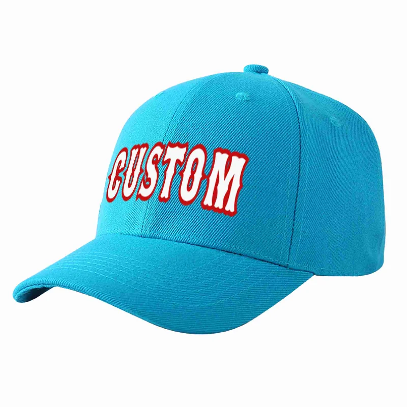 Custom Aqua White-Red Curved Eaves Sport Baseball Cap Design for Men/Women/Youth