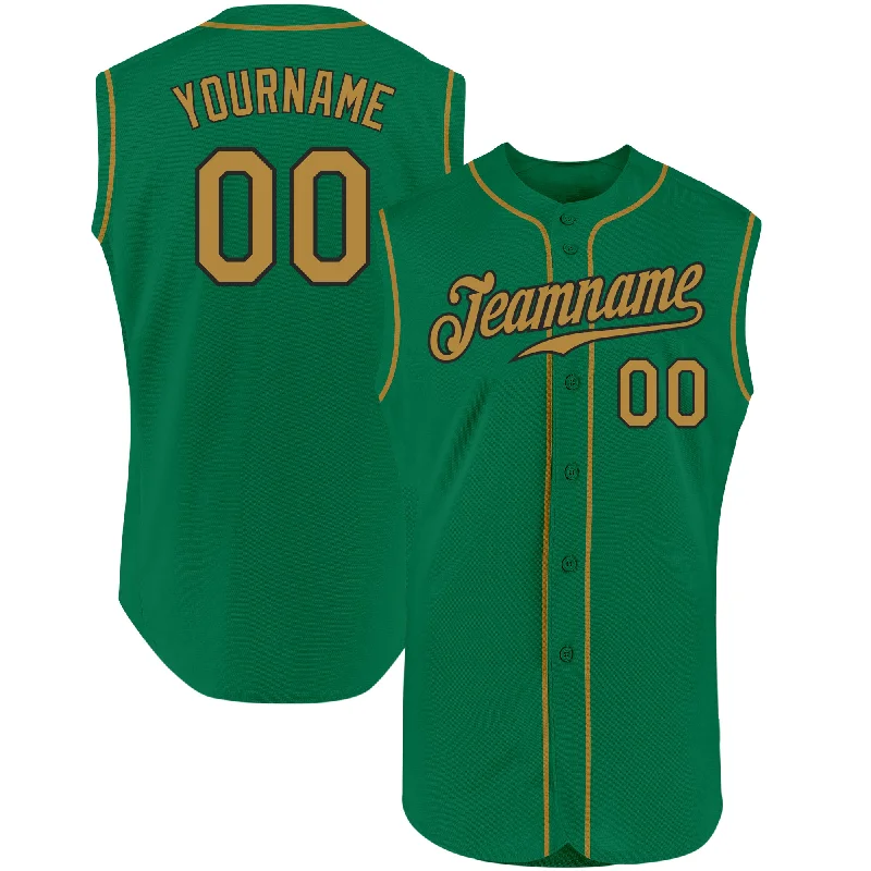 Custom Kelly Green Old Gold-Black Authentic Sleeveless Baseball Jersey