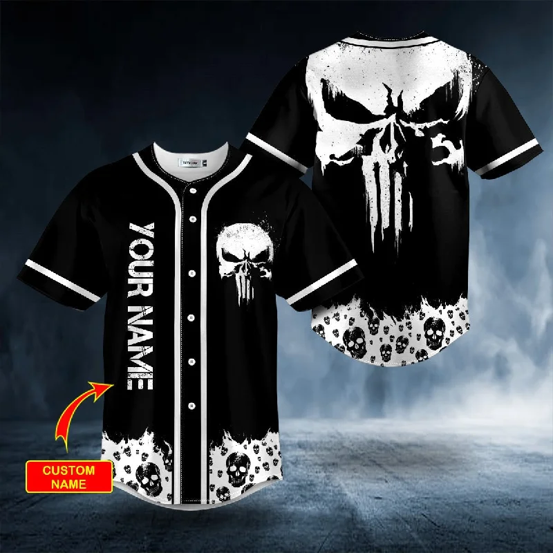 Personalized White Punisher Skull Custom Name Baseball Jersey, Skull Jersey Shirt