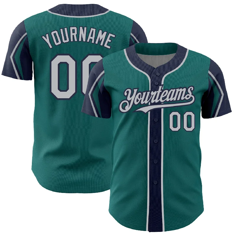 Custom Teal Gray-Navy 3 Colors Arm Shapes Authentic Baseball Jersey