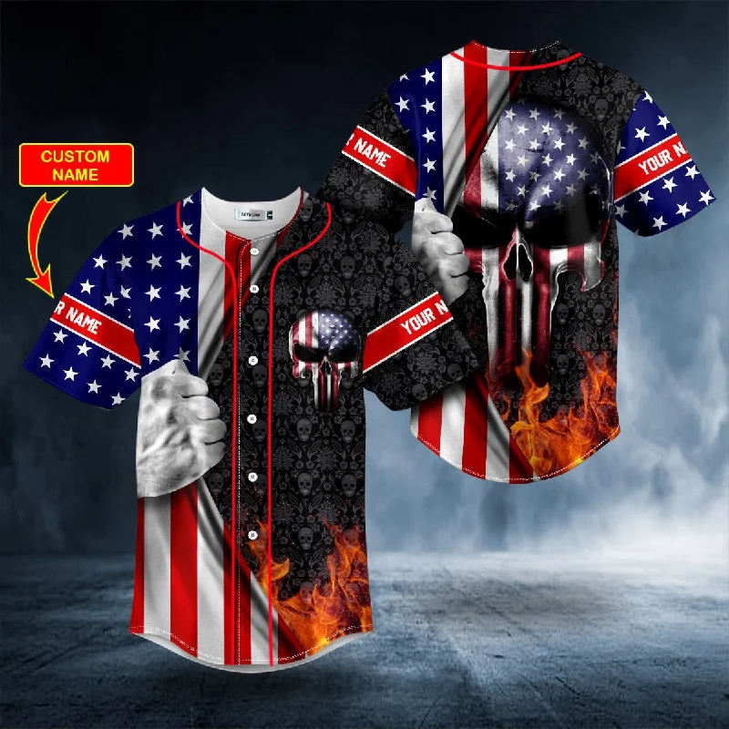 Patriotism U.S Flag Punisher Skull Custom Name Baseball Jersey