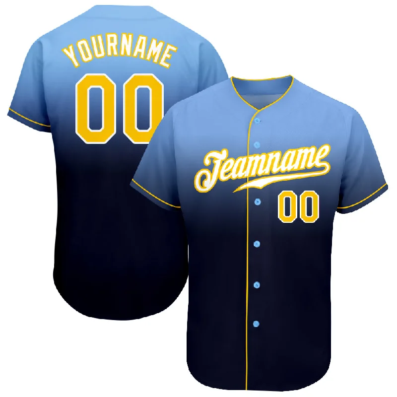 Custom Light Blue Gold-Navy Authentic Fade Fashion Baseball Jersey