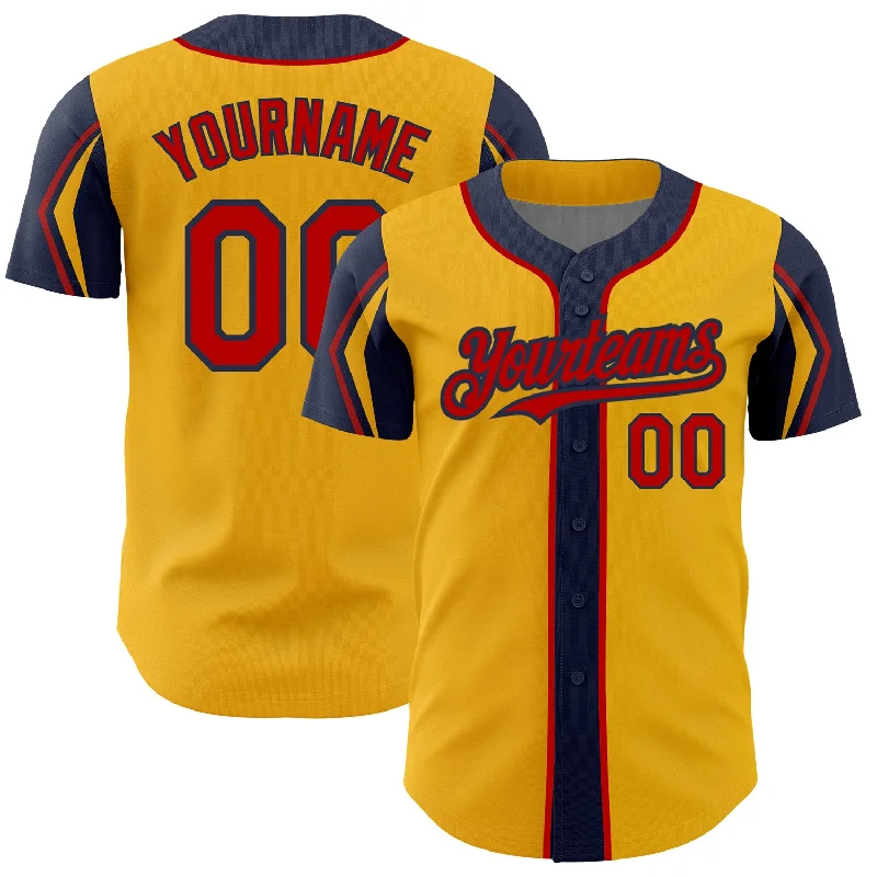 Custom Gold Red-Navy 3 Colors Arm Shapes Authentic Baseball Jersey