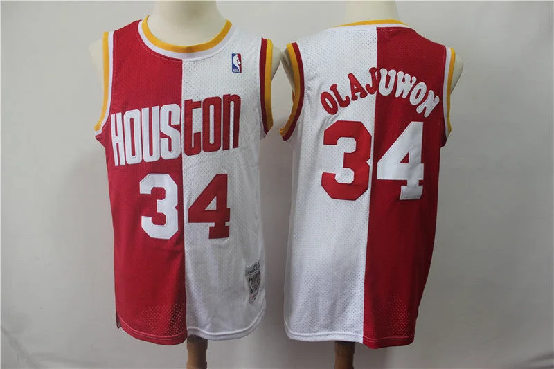 Rockets 34 Hakeem Olajuwon Red White Split 1993-94 Hardwood Classics Basketball Jersey