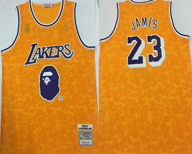 Lakers Bape 23 Lebron James Yellow 1996-97 Hardwood Classics Basketball Jersey