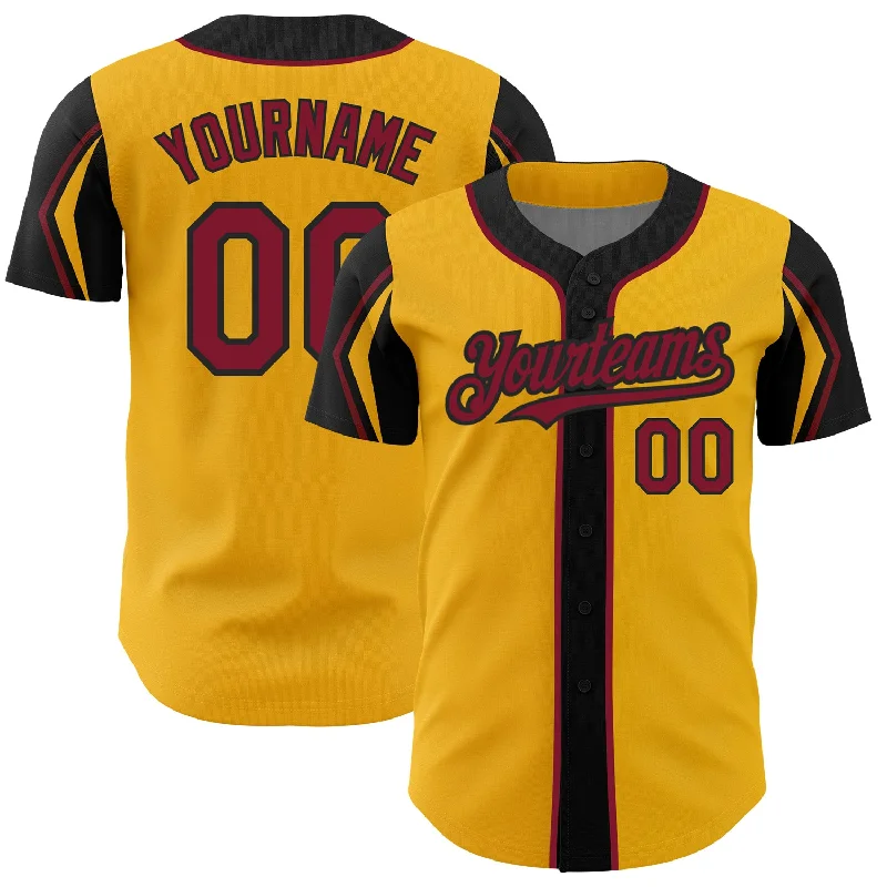 Custom Gold Crimson-Black 3 Colors Arm Shapes Authentic Baseball Jersey