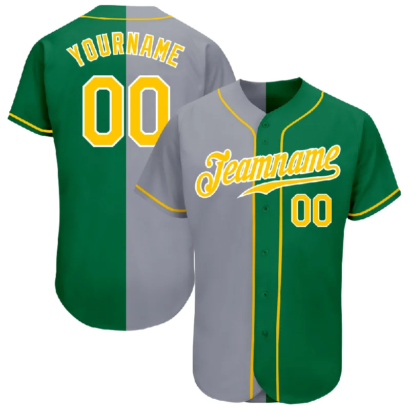 Custom Kelly Green Gold-Gray Authentic Split Fashion Baseball Jersey