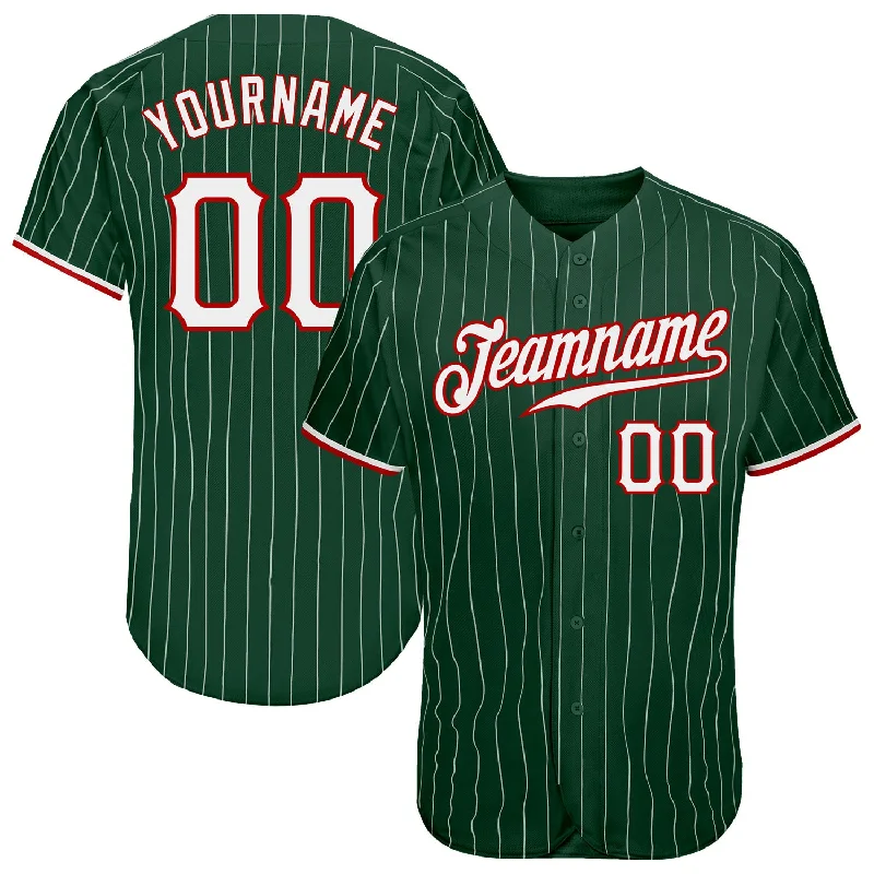 Custom Green White Pinstripe White-Red Authentic Baseball Jersey