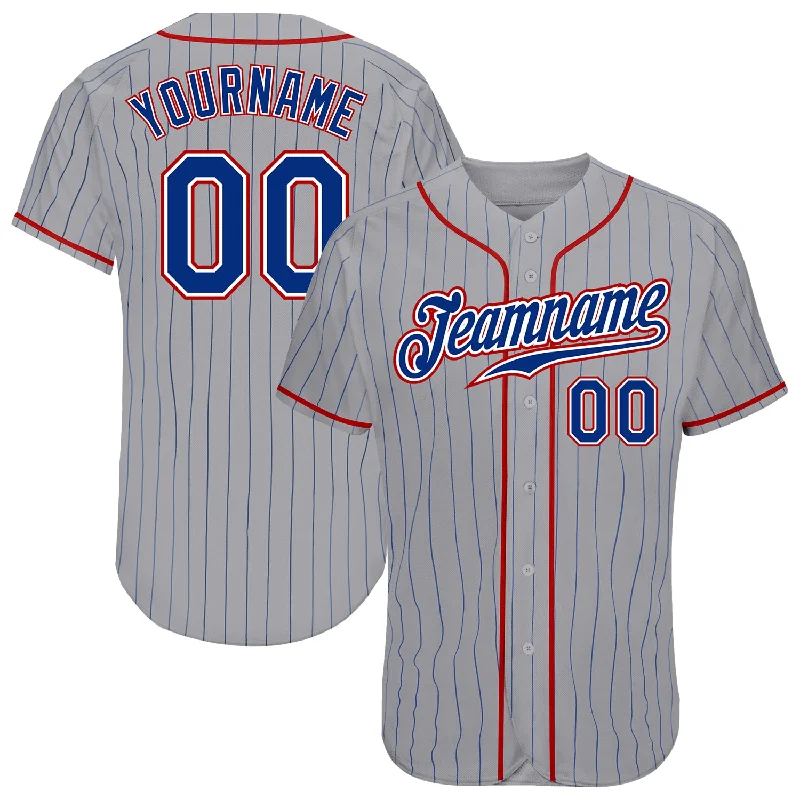 Custom Gray Royal Pinstripe Royal-Red Authentic Baseball Jersey