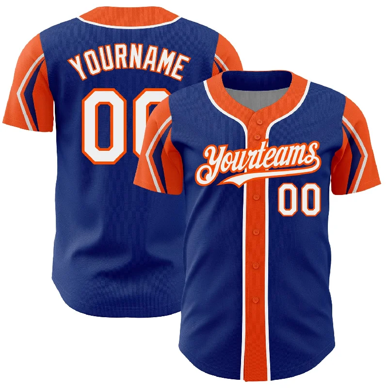 Custom Royal White-Orange 3 Colors Arm Shapes Authentic Baseball Jersey