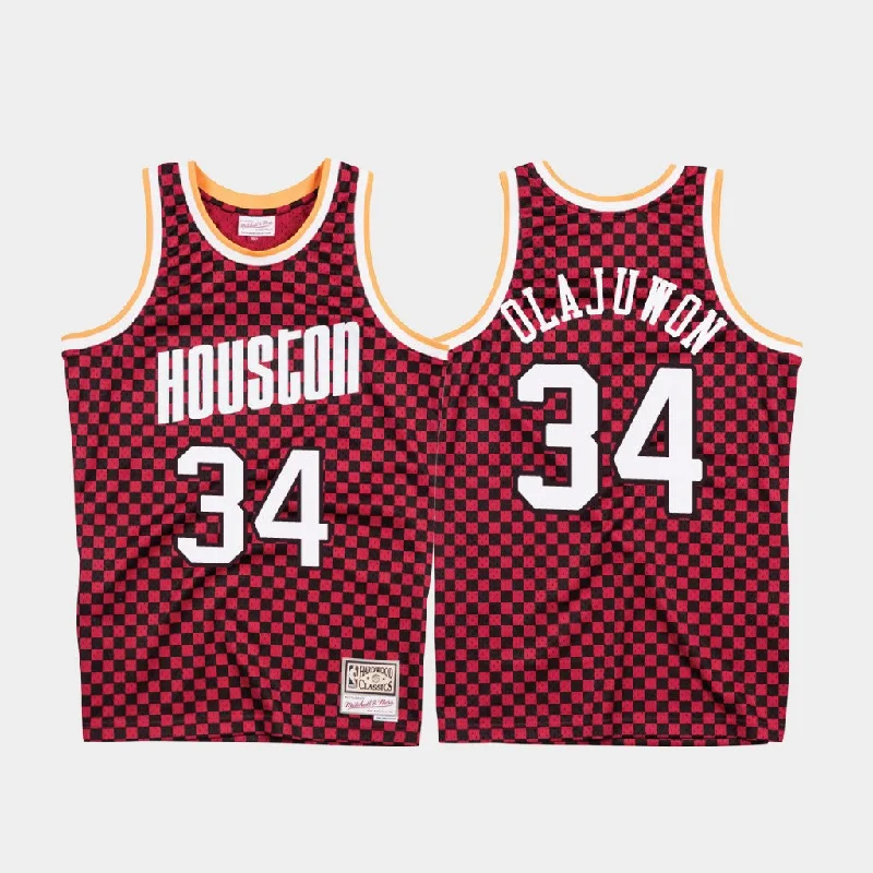 Rockets 34 Hakeem Olajuwon Red Checkerboard Hardwood Classics Basketball Jersey