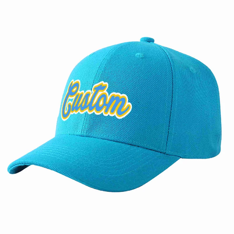 Custom Aqua Powder Blue-Gold Curved Eaves Sport Baseball Cap Design for Men/Women/Youth