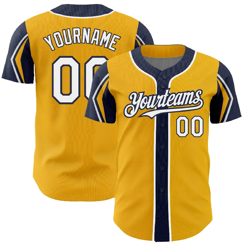 Custom Gold White-Navy 3 Colors Arm Shapes Authentic Baseball Jersey