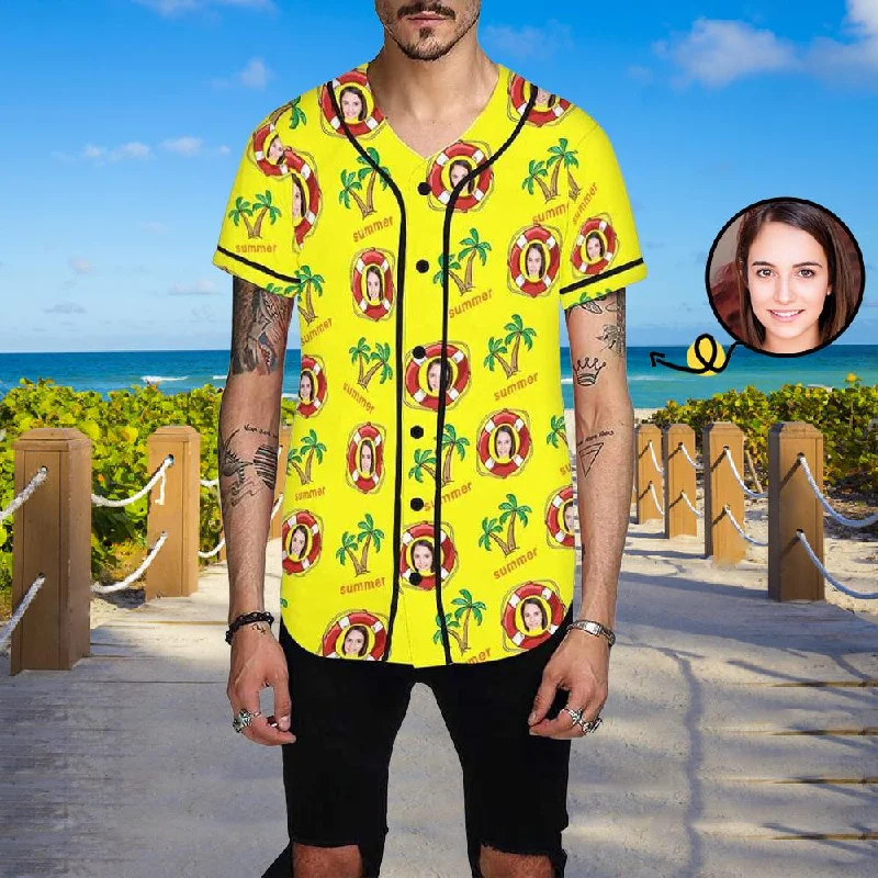 Custom Face Yellow Swimming Ring Men's All Over Print Baseball Jersey