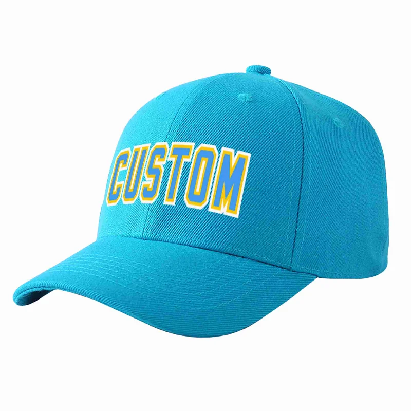 Custom Aqua Powder Blue-Gold Curved Eaves Sport Baseball Cap Design for Men/Women/Youth