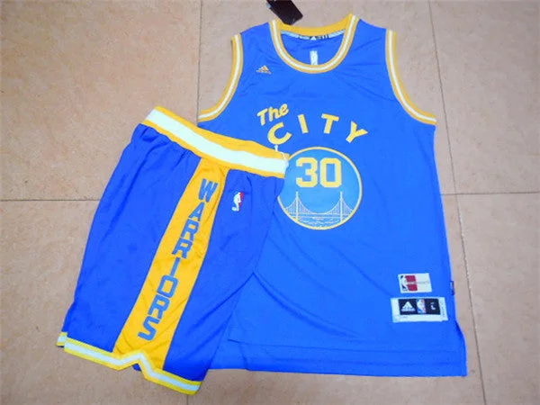 Warriors 30 Stephen Curry Blue Cityscape Swingman Basketball Jersey(With Shorts)