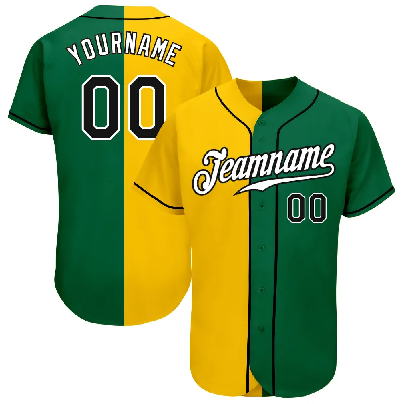 Custom Kelly Green Black-Yellow Authentic Split Fashion Baseball Jersey