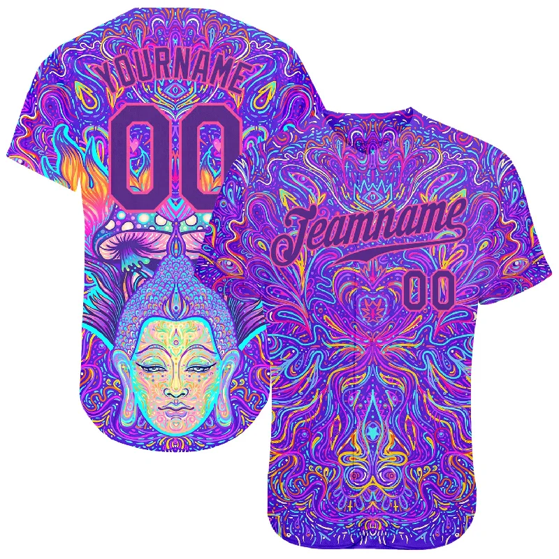 Custom 3D Pattern Design Sitting Buddha Over Colorful Neon Background Psychedelic Mushroom Composition Authentic Baseball Jersey