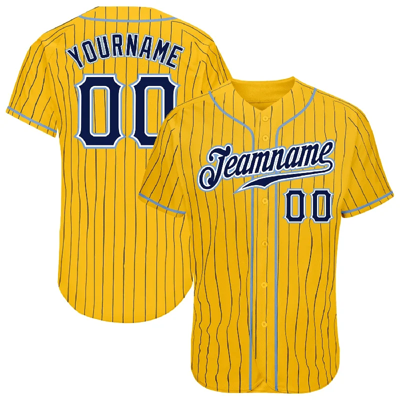 Custom Yellow Navy Pinstripe Navy-Light Blue Authentic Baseball Jersey