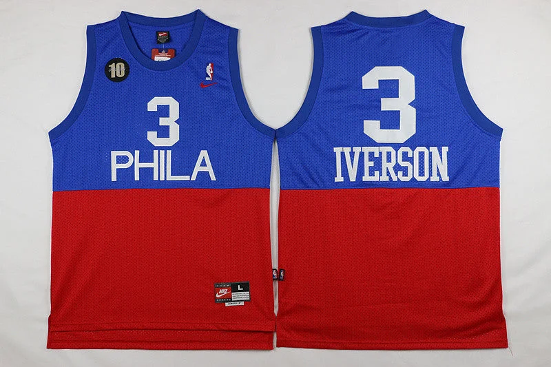 76ers 3 Allen Iverson Blue&Red Throwback Basketball Jersey