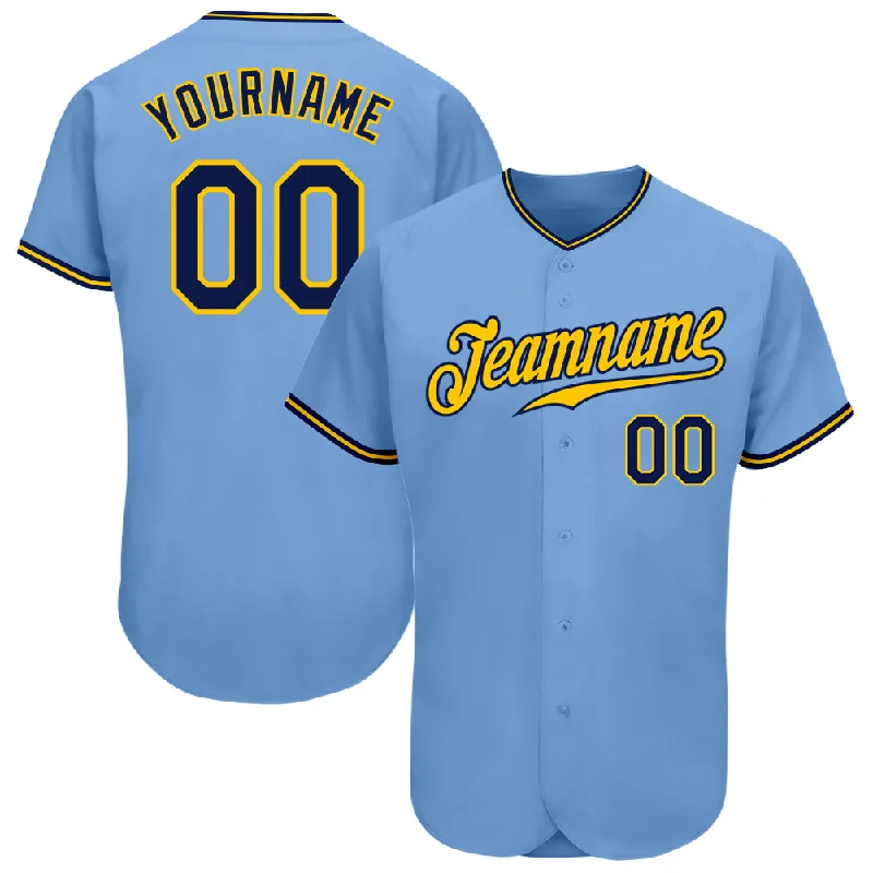 Custom Light Blue Navy-Gold Authentic Baseball Jersey