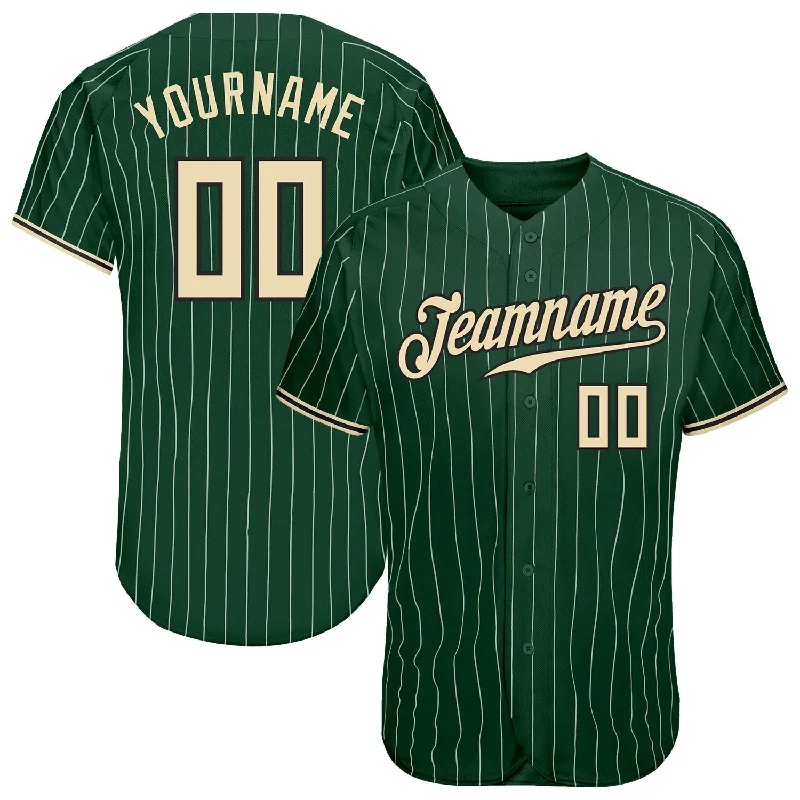 Custom Green White Pinstripe Cream-Black Authentic Baseball Jersey