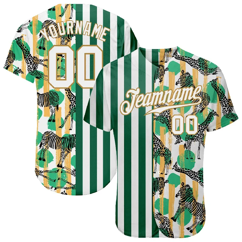 Custom Kelly Green White-Old Gold 3D Pattern Design Zebras And Giraffes Authentic Baseball Jersey